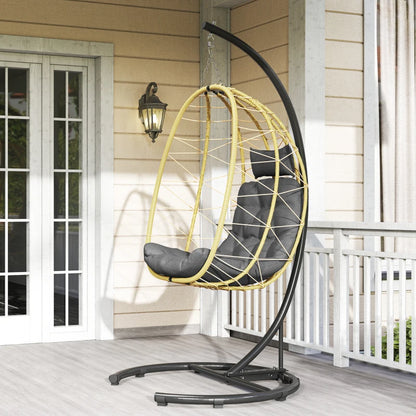 Outsunny Poltrona Sospesa e Pieghevole con Cuscini, in Acciaio e Rattan PE, 102x102x195 cm, Nera Grigia e Beige
