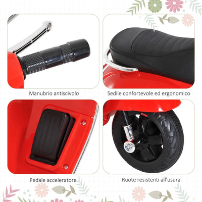 HOMCOM Moto Elettrica per Bambini Design Vespa, Batteria 6V con Suoni e Luci, Età 3-6 Anni, Rosso