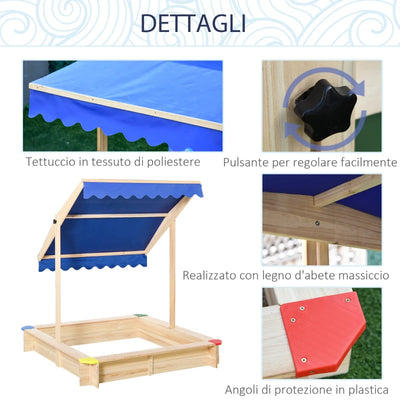 Outsunny Sabbiera per Bambini in Legno con Panca e Tettuccio Parasole Regolabile, 120x120x120cm, Colore Legno e Blu