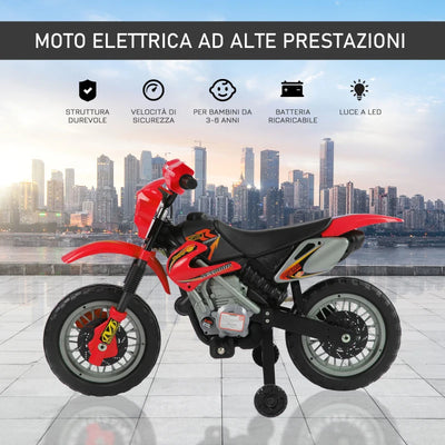 HOMCOM Moto Elettrica per Bambini 3-6 Anni in Plastica PP con Ruote di Supporto, Fari e Musica, 102x53x66 cm, Rosso e Nero