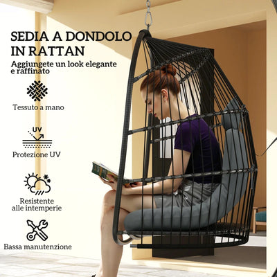 Outsunny Sedia Sospesa a Dondolo Pieghevole da Interno ed Esterno con Cuscino e Poggiatesta, Grigio Scuro