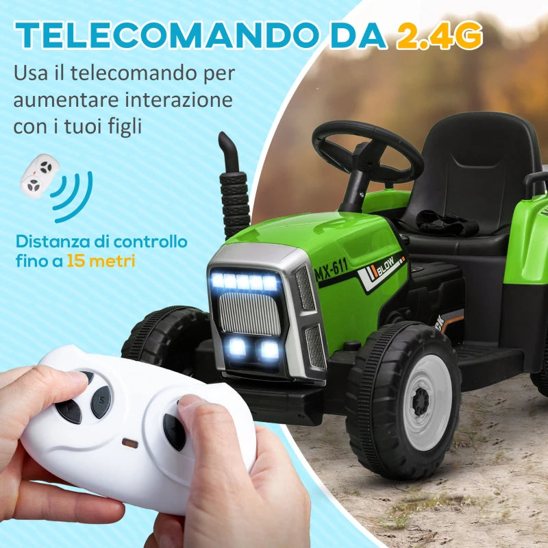 HOMCOM Trattore Elettrico per Bambini 3-6 Anni con Rimorchio Rimovibile, Batteria 12V e Telecomando, Verde