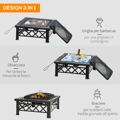 Outsunny Braciere da Giardino con Coperchio Parascintille e Griglia per Barbecue in Metallo 76x76x47cm Nero