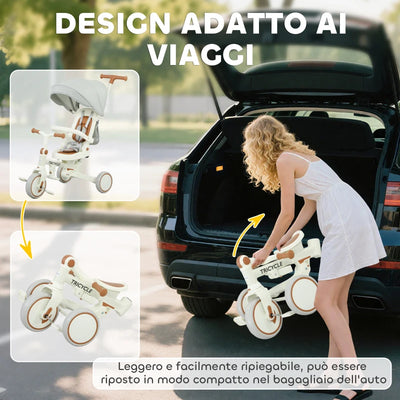 AIYAPLAY Triciclo per Bambini 5 in 1 con Maniglione di Spinta e Copertura Rimovibile, 96.5x49x101 cm, Bianco Crema