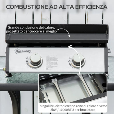 Outsunny Piastra Barbecue a Gas da Tavolo con 2 Bruciatori e Potenza 6kW, 48.5x46x21cm, Nero