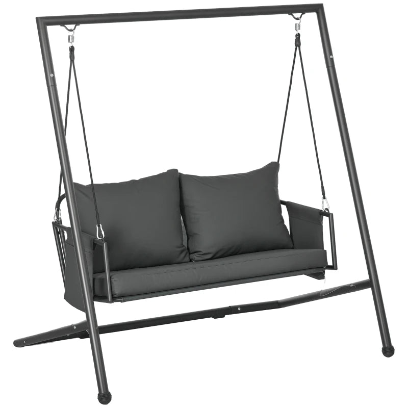 Outsunny Dondolo da Giardino 2 Posti con Cuscini e Tasche, in Acciaio e Textilene, 168x117x181 cm, Grigio Scuro