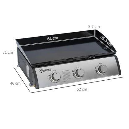 Outsunny Piastra Barbecue a Gas Antiaderente da Tavolo con 3 Bruciatori da 3kW, 62x46x21cm, Nero