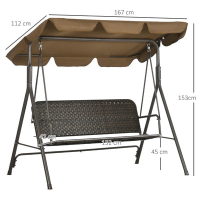 Outsunny Dondolo da Giardino 3 Posti con Tettuccio Regolabile in Rattan PE e Acciaio, 167x112x153cm