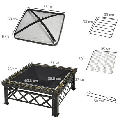 Outsunny Braciere da Giardino con Coperchio Parascintille e Griglia per Barbecue in Metallo 76x76x47cm Nero