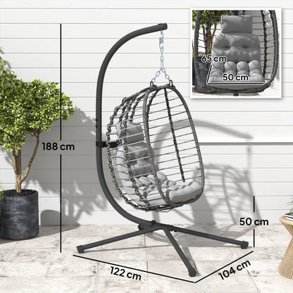 Outsunny Sedia Sospesa in Rattan a Uovo con Cuscino e Poggiatesta, Altezza Regolabile e Seduta Richiudibile, Grigio