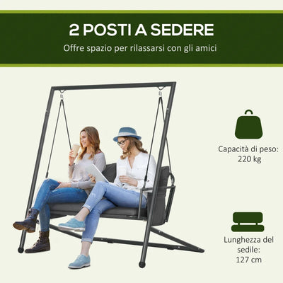 Outsunny Dondolo da Giardino 2 Posti con Cuscini e Tasche, in Acciaio e Textilene, 168x117x181 cm, Grigio Scuro