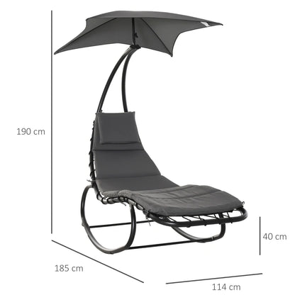 Outsunny Lettino a Dondolo da Giardino, Sdraio Prendisole, Sedia a Dondolo per Esterno con Seduta Imbottita e Tettuccio Grigio 185x114x190cm