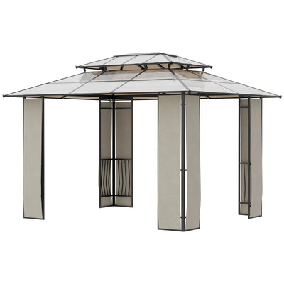 Outsunny Gazebo da Giardino 3.7x3m con Tetto in Policarbonato a 2 Livelli, Acciaio e Alluminio, Marrone