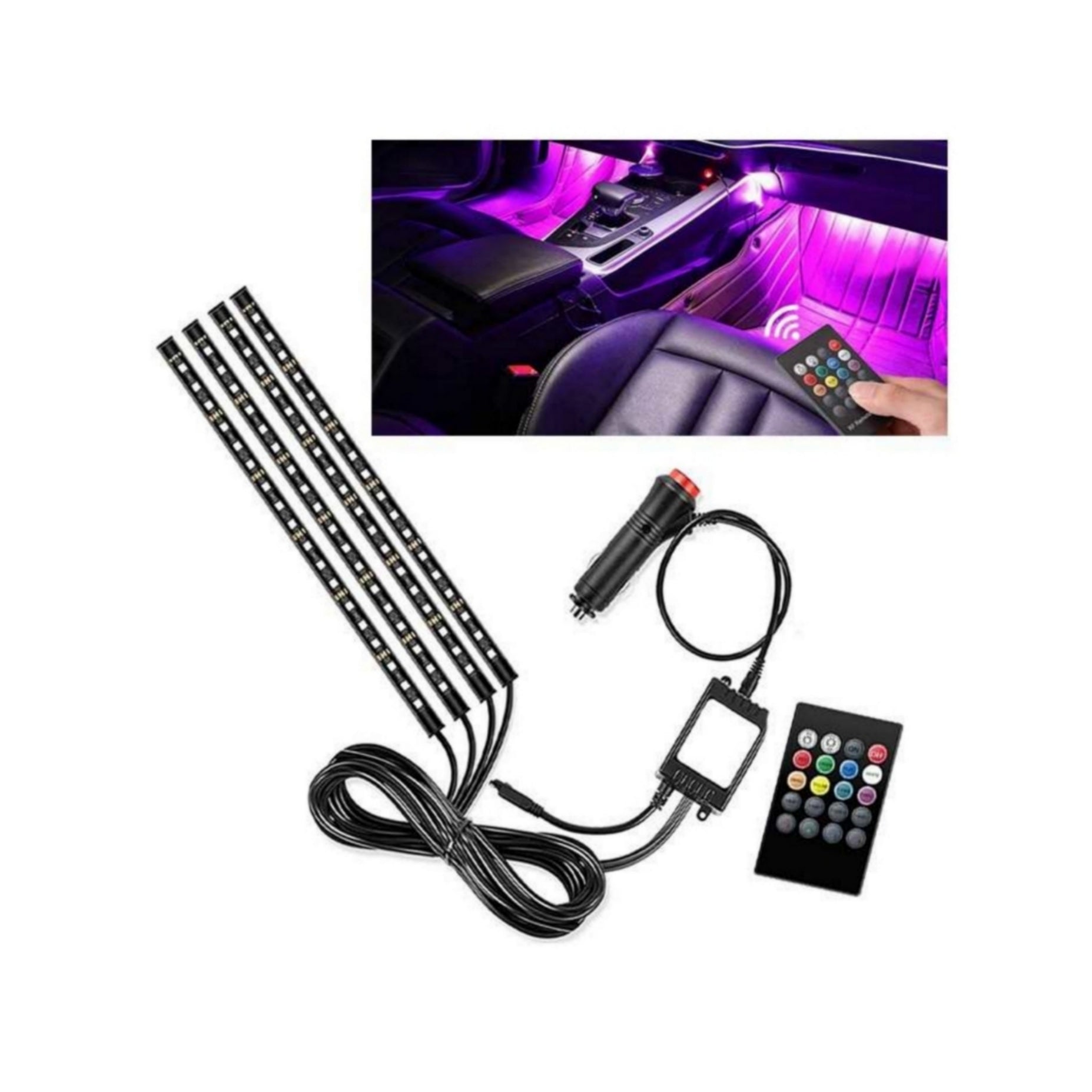 Luci Ambiente Adesiva Auto, Interni Auto RGB, 4 Strip Luminose, Adesive, 72LED, Impermeabile
