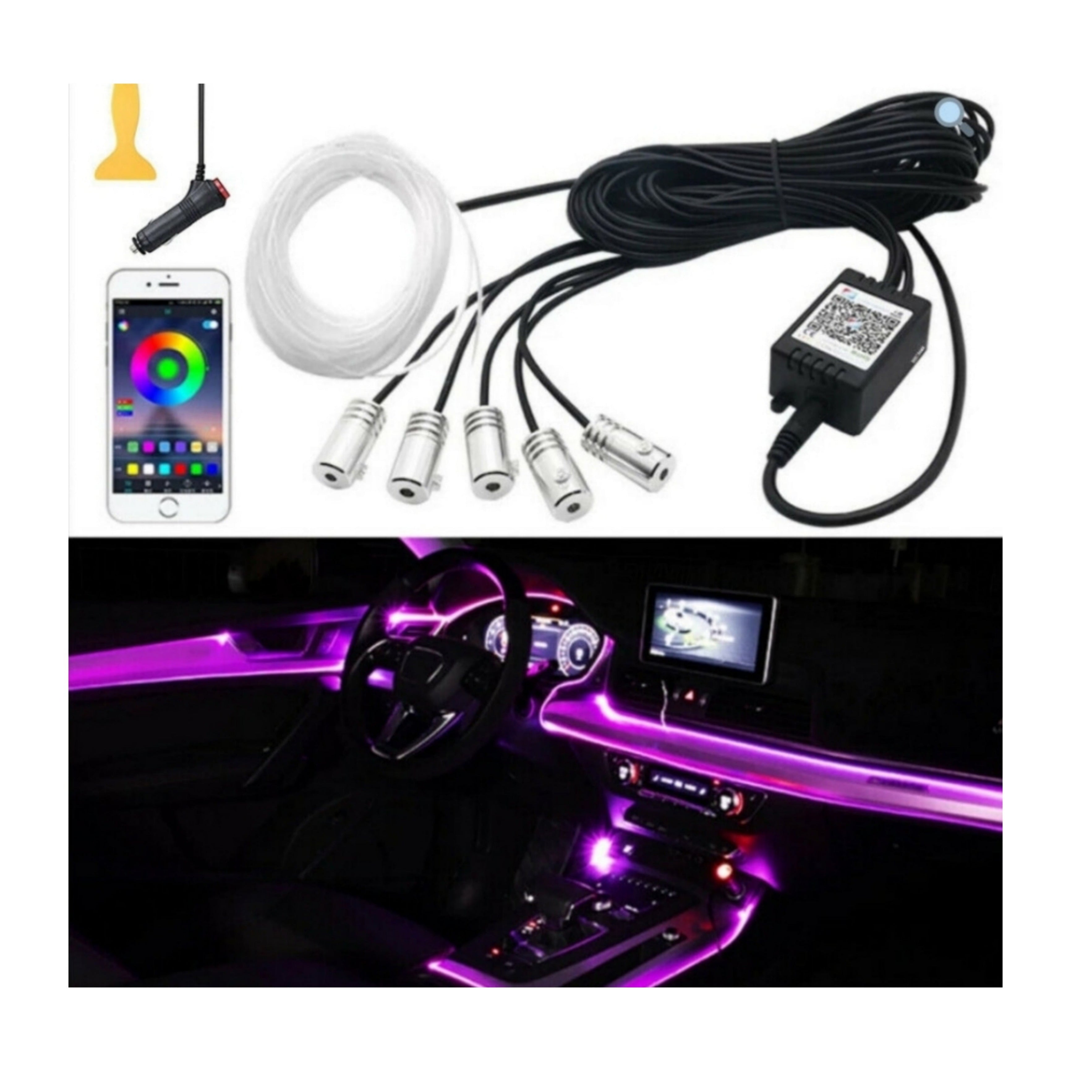 LED Ambient Lights AUTO - Ambient Light, App Control, 6M Fiber Optic, RGB, Music Control, Universal, 12V.