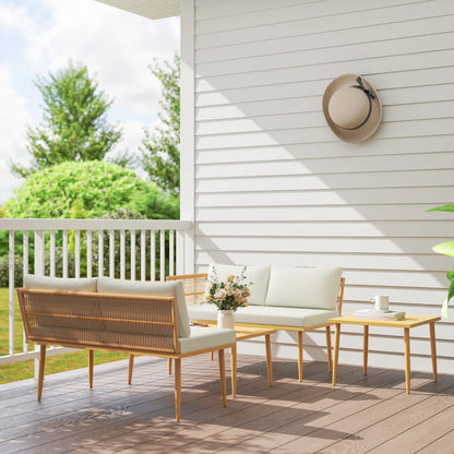 Outsunny Set Salotto da Esterno in Rattan PE con 2 Divani a 2 Posti con Cuscini e 2 Tavoli da Caffè, Colore Legno