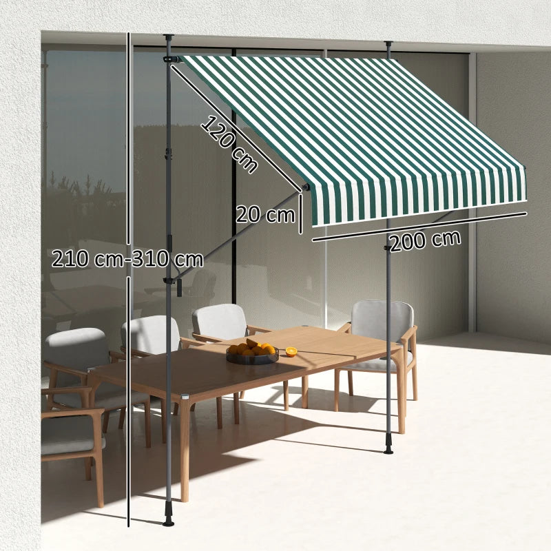 Outsunny Tenda da Sole 2x1.2 m con Supporti Regolabili e Manovella, in Alluminio, Metallo e Poliestere, Verde e Bianco