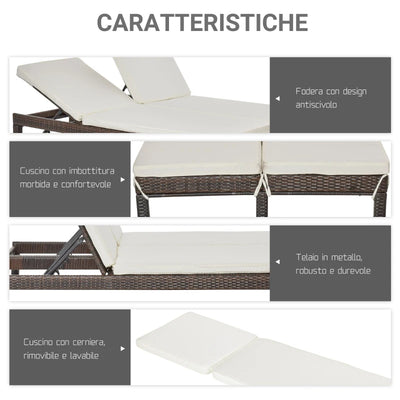 Outsunny Lettino Prendisole a 2 Posti, Sdraio in Acciaio e Rattan, Schienale Regolabile, 196 x 120 x 28cm Marrone e Bianco Crema