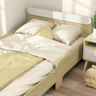 AIYAPLAY Letto per Bambini 3-10 Anni Basso con Sponde Laterali Alte, in Legno, 194.8x103x60.5 cm, Bianco e color Legno