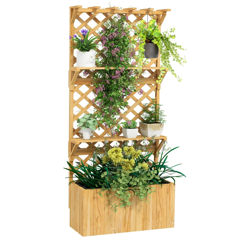Outsunny Fioriera con Traliccio per Rampicanti, Fori di Drenaggio e 2 Mensole, in Legno di Abete, 76x33x177 cm