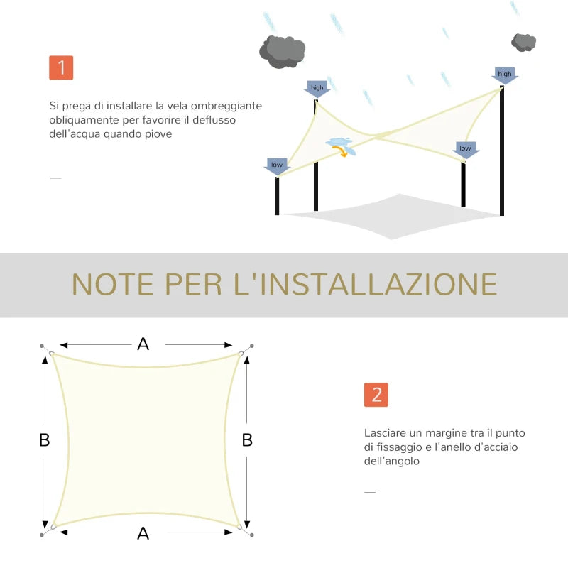Outsunny Vela Ombreggiante Rettangolare, Impermeabile e Anti-Raggi UV in HDPE, 3x4m, Crema