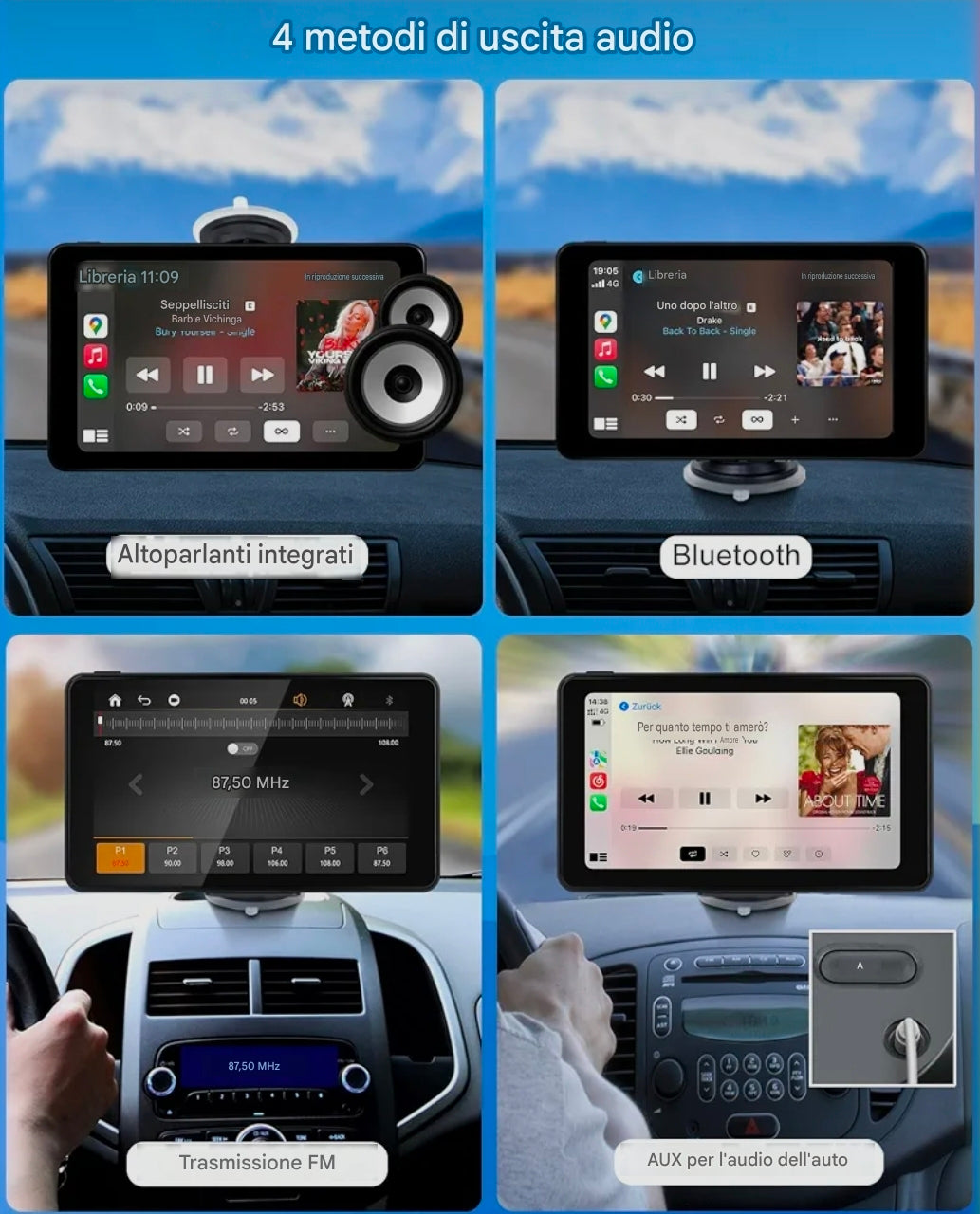 Monitor Universale 7"Pollici, Portatile, Plug and Play, Car Play e Android Auto, BT, Radio