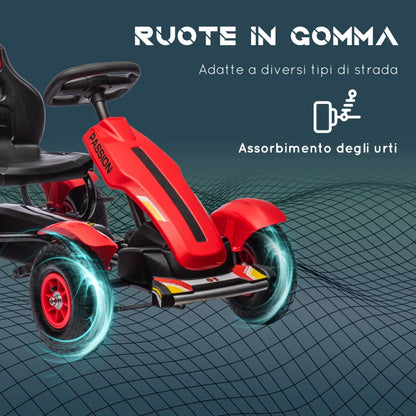 HOMCOM Go Kart a Pedali per Bambini 5-12 Anni con Sedile Regolabile e Freno a Mano, 121x58x61 cm, Rosso