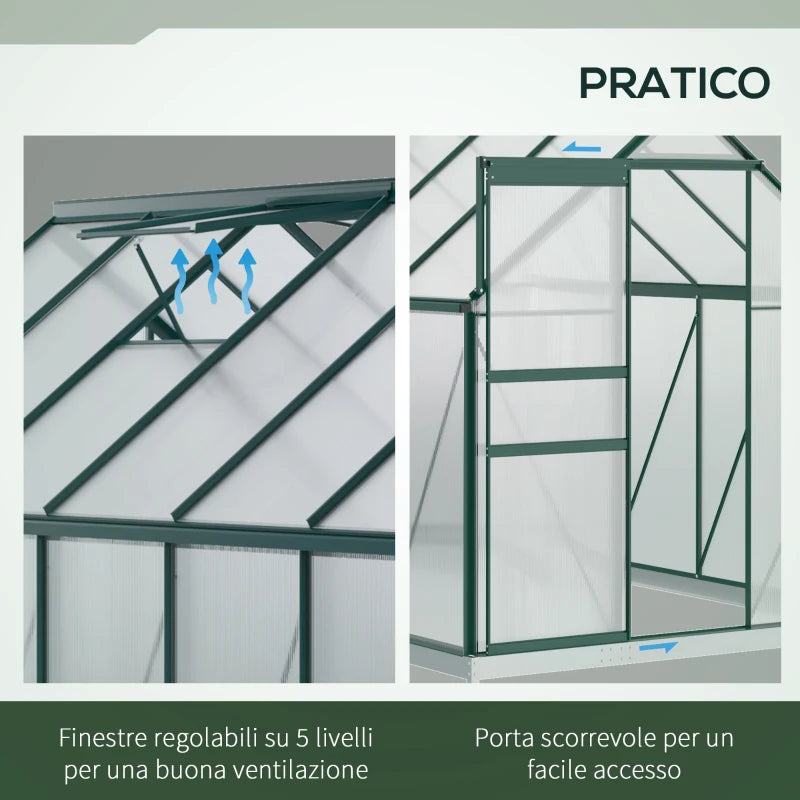 Outsunny Serra da Giardino in Policarbonato 190x375x199cm, con Finestra Apribile e Porta Scorrevole, Struttura in Alluminio, Verde