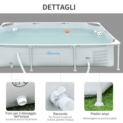 Outsunny Piscina Fuori Terra Autoportante, Piscina Rigida Rettangolare con Filtro e Valvola in Acciaio e PVC, Grigio, 252x152x65cm