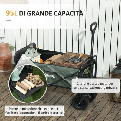 Outsunny Carrello da Giardino da 95L Pieghevole con Pannello Apribile, in Acciaio e Poliestere, 125x48x78-102 cm, Verde
