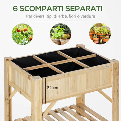 Outsunny Letto per Orto Rialzato con 6 Scomparti in Legno di Abete, 78.5x58x81cm