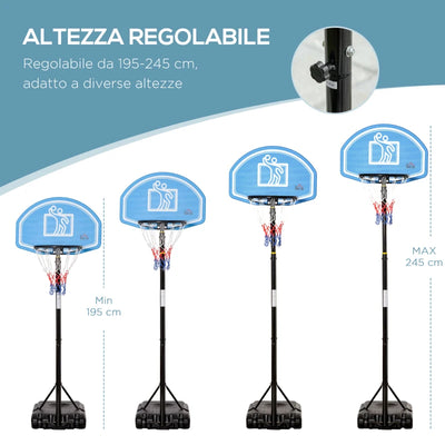 HOMCOM Canestro Basket con Altezza Regolabile 197.5-245cm, Base con Ruote e Tabellone, Blu