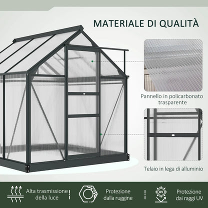 Outsunny Serra in Policarbonato e Alluminio con Porta Scorrevole, Presa d'Aria e Grondaia, 1.9x1.9x2m, Grigio