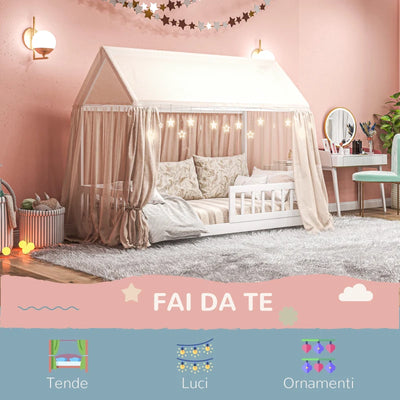 HOMCOM Struttura Letto per Bambini a Forma di Casetta con Doghe e Recinzione, in Legno di Pino, 96x195x165 cm, Bianco
