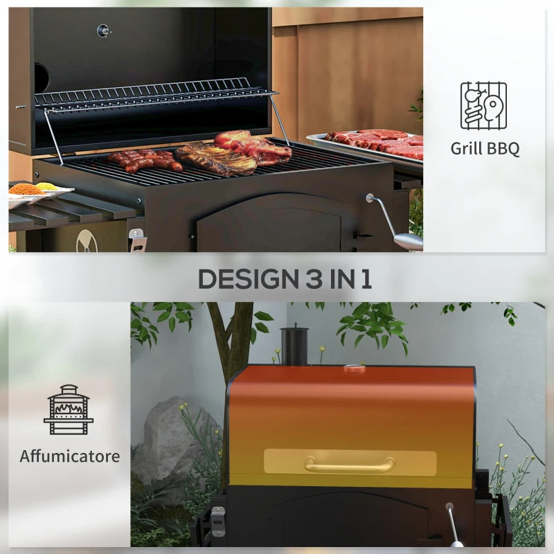 Outsunny Barbecue da Giardino a 2 Ruote con Griglia, Affumicatore e Fornello, in Metallo e Ghisa, 124x66x112 cm, Nero