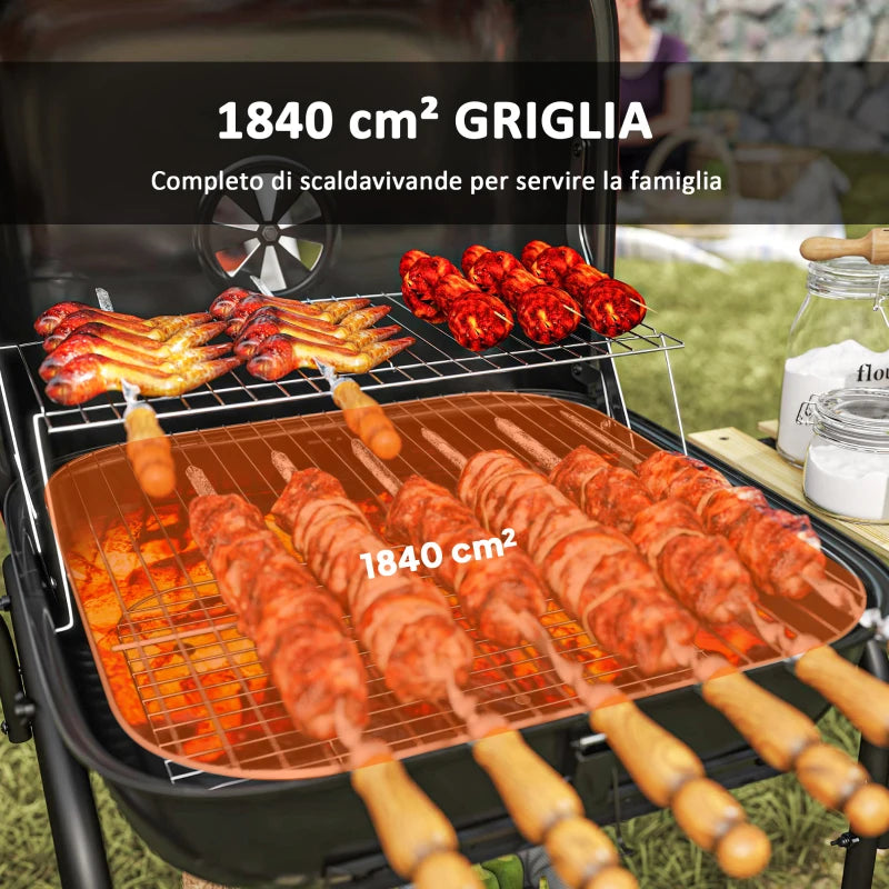 Outsunny Barbecue a Carbone con 3 Ripiani e Ruote, Coperchio con Presa d'Aria Regolabile, Rosso