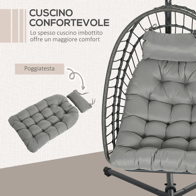 Outsunny Poltrona Sospesa in Rattan PE con Cuscino, Seduta Pieghevole e Struttura in Acciaio, Grigio
