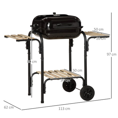 Outsunny Barbecue a Carbone con Coperchio, Ripiani e Ruote, Completo di Spatola, Pinza e Coltello, Nero