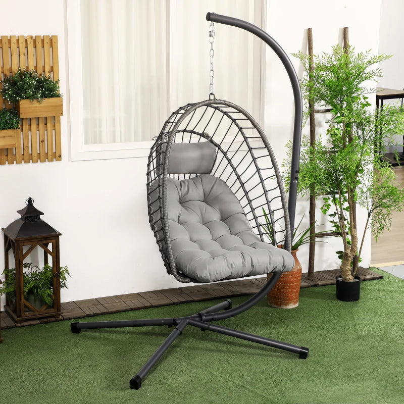 Outsunny Poltrona Sospesa in Rattan PE con Cuscino, Seduta Pieghevole e Struttura in Acciaio, Grigio