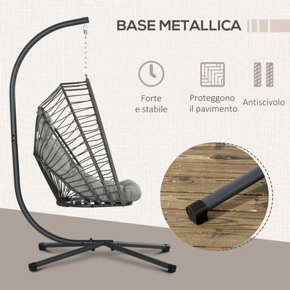 Outsunny Poltrona Sospesa in Rattan PE con Cuscino, Seduta Pieghevole e Struttura in Acciaio, Grigio