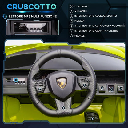 HOMCOM Lamborghini Macchina Elettrica per Bambini 12V con Fari e Musica, Telecomando e Velocità 3-5km/h, Età 3-5 Anni, 108x62x40cm, Verde
