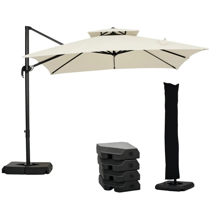 Outsunny Ombrellone a Sbalzo a Doppia Copertura con Manovella, Base a Croce e Pesi, 268x268x265 cm, Beige