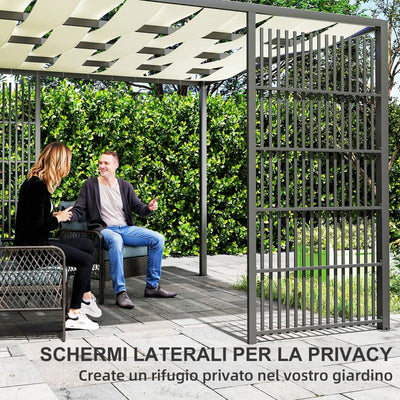 Outsunny Pergola per Esterno 3x3 m con Copertura Ondulata e Pannelli Laterali, in Metallo e Poliestere Nero