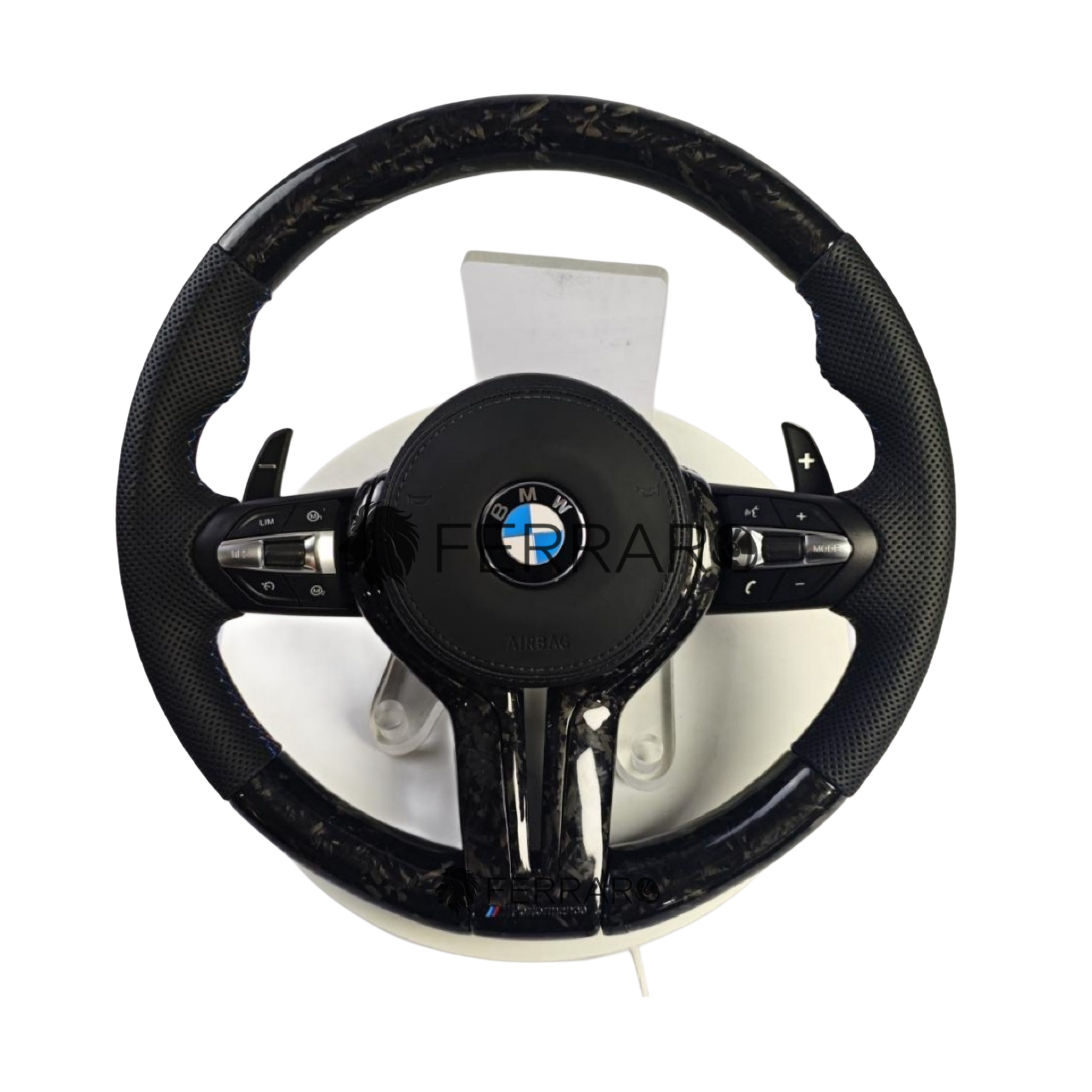 Volante per BMW, Carbonio Forgiato, Pelle Nera, Punzonatura, Linea Tricolore