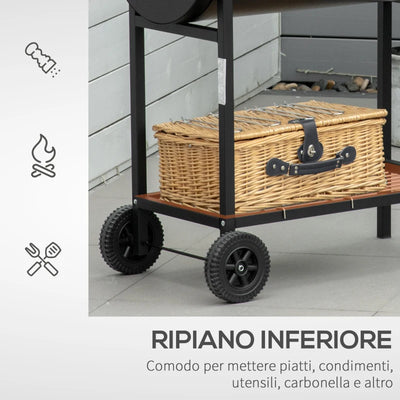 Outsunny Barbecue in Acciaio con 2 Griglie Indipendenti, 2 Ruote e Ripiano Inferiore | Nero | 90cm x 45cm x 96cm