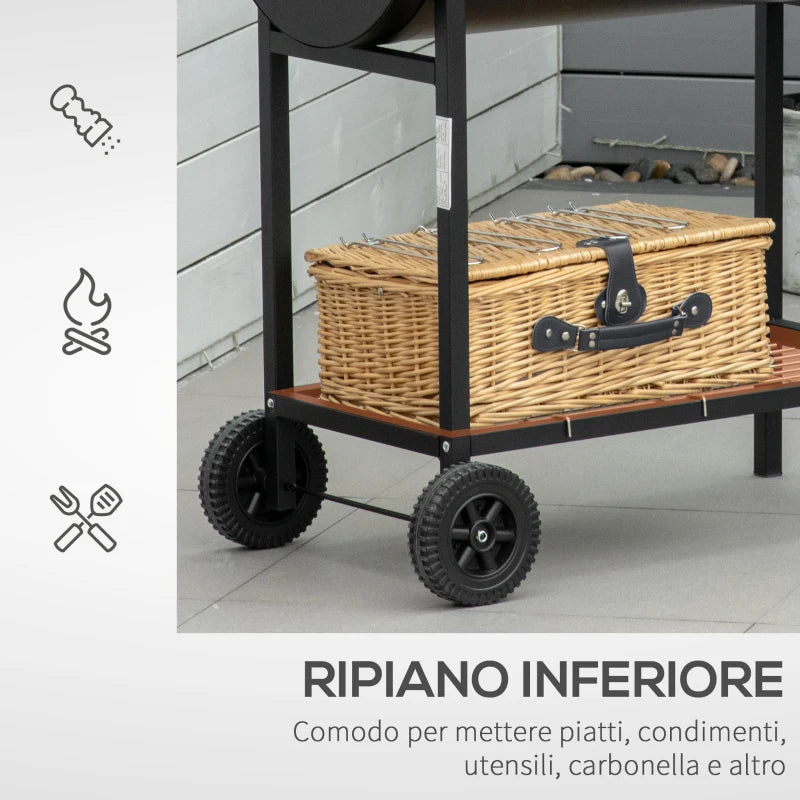 Outsunny Barbecue in Acciaio con 2 Griglie Indipendenti, 2 Ruote e Ripiano Inferiore | Nero | 90cm x 45cm x 96cm