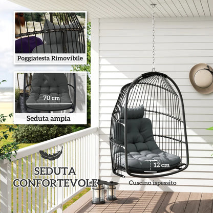 Outsunny Sedia Sospesa a Dondolo Pieghevole da Interno ed Esterno con Cuscino e Poggiatesta, Grigio Scuro