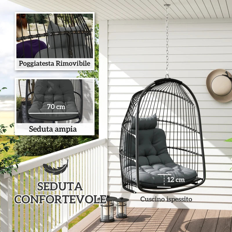 Outsunny Sedia Sospesa a Dondolo Pieghevole da Interno ed Esterno con Cuscino e Poggiatesta, Grigio Scuro