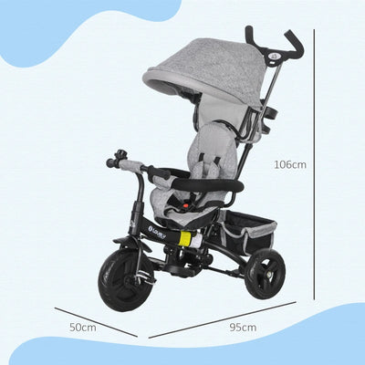 HOMCOM Triciclo per Bambini con Maniglione 6 in 1, Tettuccio Regolabile e Cintura di Sicurezza, Età 1-5 Anni, Grigio