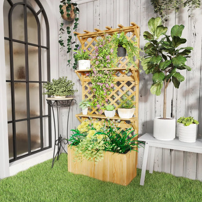 Outsunny Fioriera con Traliccio per Rampicanti, Fori di Drenaggio e 2 Mensole, in Legno di Abete, 76x33x177 cm